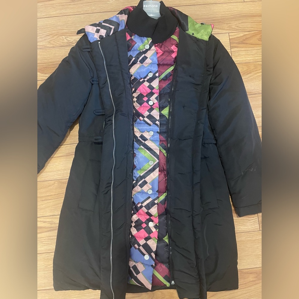NEW🖤Desigual Black Jacket with Vibrant Multicolor Lining 38 removable colar